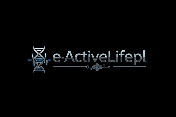 Logo e-ActiveLifepl czerń tło styl elegancki podłużny labolatoryjnym